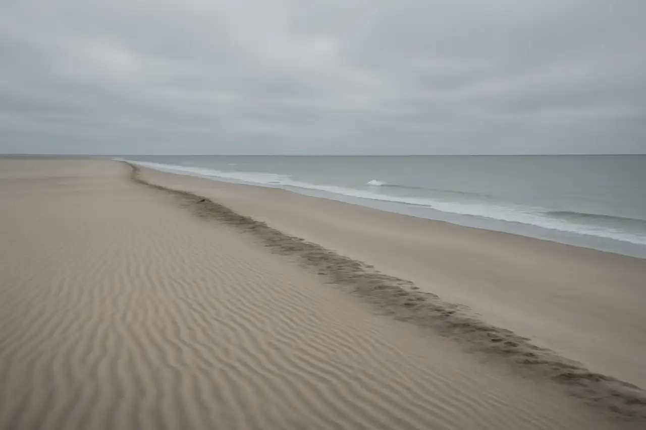 Leerer Sandstrand an einem bedeckten Tag